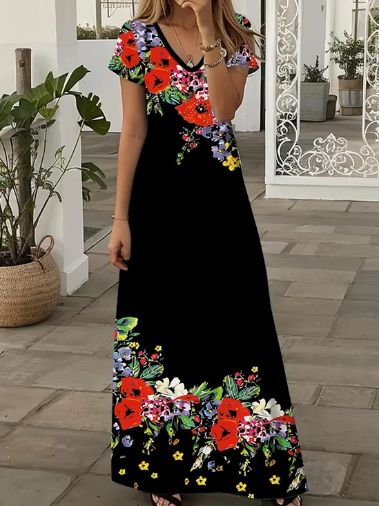 Women's Short Sleeve Summer Black Floral Printing V Neck Daily Going Out Casual Maxi X-Line Dress