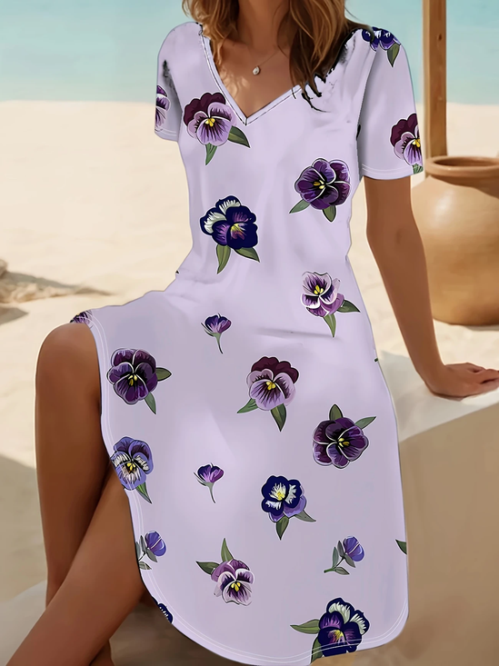 Women's Short Sleeve Summer Purple Floral Printing V Neck Daily Going Out Casual Midi A-Line Fit & Flare Dress Dress