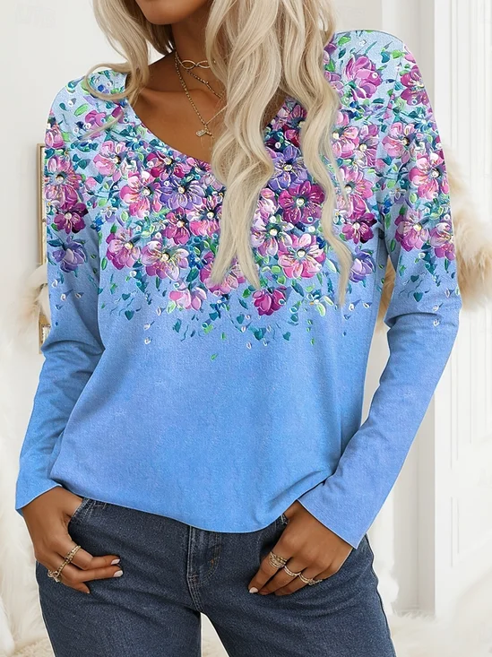 Print Casual V Neck Long Sleeve T-Shirt