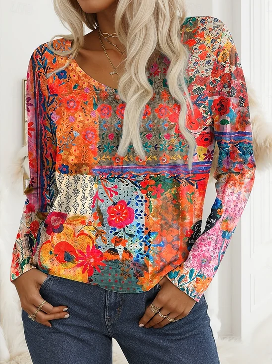 Print Casual V Neck Long Sleeve T-Shirt