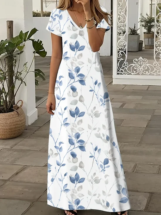 Women's Floral Print V-Neck Short Sleeve Slit Dress