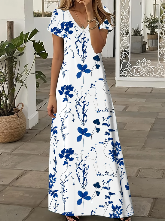 Women's Short Sleeve Summer White Floral Printing V Neck Daily Going Out Casual Maxi X-Line Dress