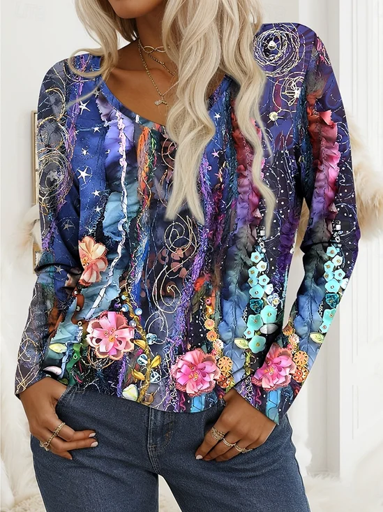 Print Casual V Neck Long Sleeve T-Shirt