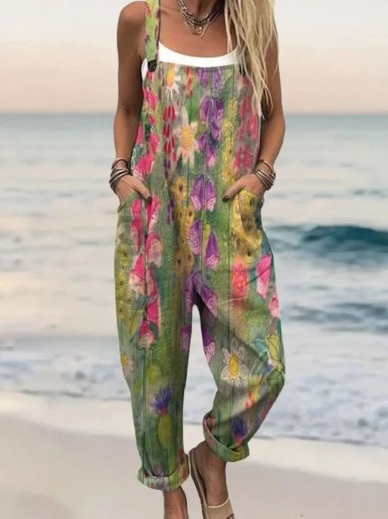 Square Neck Cotton And Linen Floral Ethnic Jumpsuit