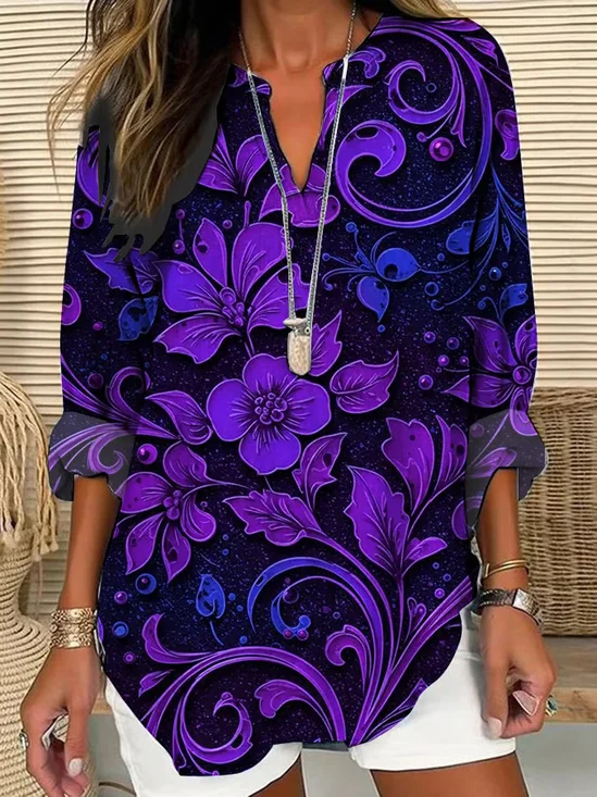 Women's Floral Print Casual V-Neck Long Sleeve Shirt