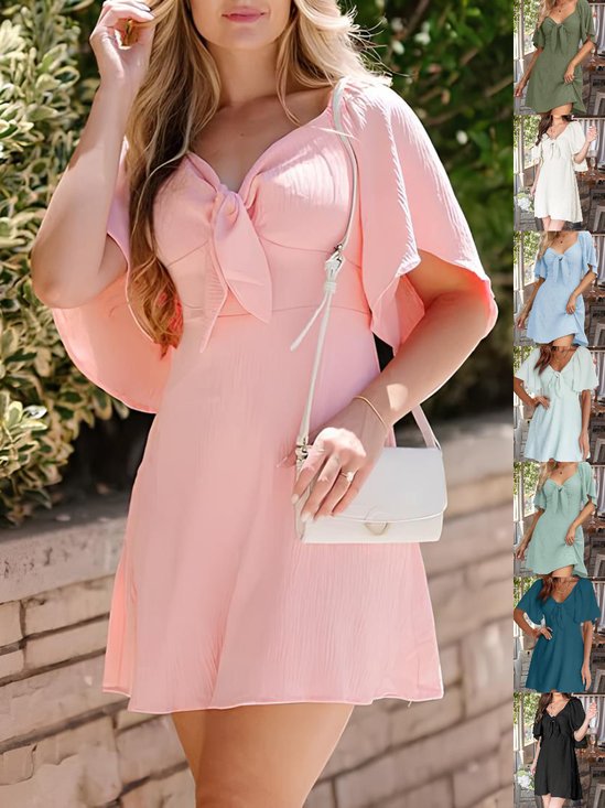 Women's Short Sleeve Summer Pink Plain Split Joint V Neck Dolman Sleeve Daily Going Out Vintage Midi A-Line Ruffle Skirt Dress
