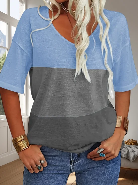 Striped Cotton V Neck Simple T-Shirt