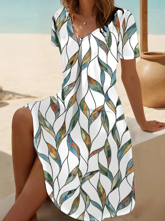 Women's Short Sleeve Summer White Leaf Printing V Neck Daily Going Out Casual Midi A-Line Fit & Flare Dress Dress