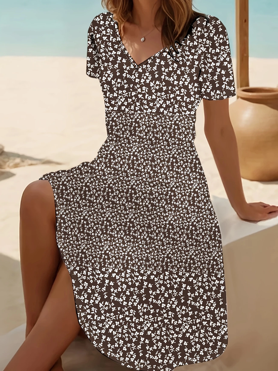 Women's Short Sleeve Summer Brown Floral Printing V Neck Daily Going Out Casual Midi A-Line Fit & Flare Dress Dress