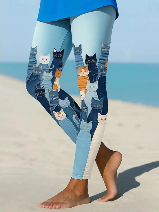 Women's Elegant Vacation Vintage Full Length Stitching Cat Leggings