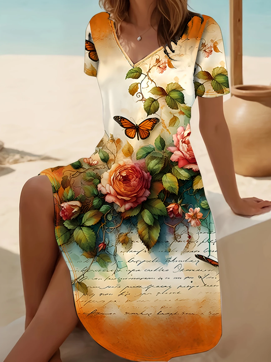 Women's Short Sleeve Summer Orange Floral Printing V Neck Daily Going Out Casual Midi A-Line Fit & Flare Dress Dress