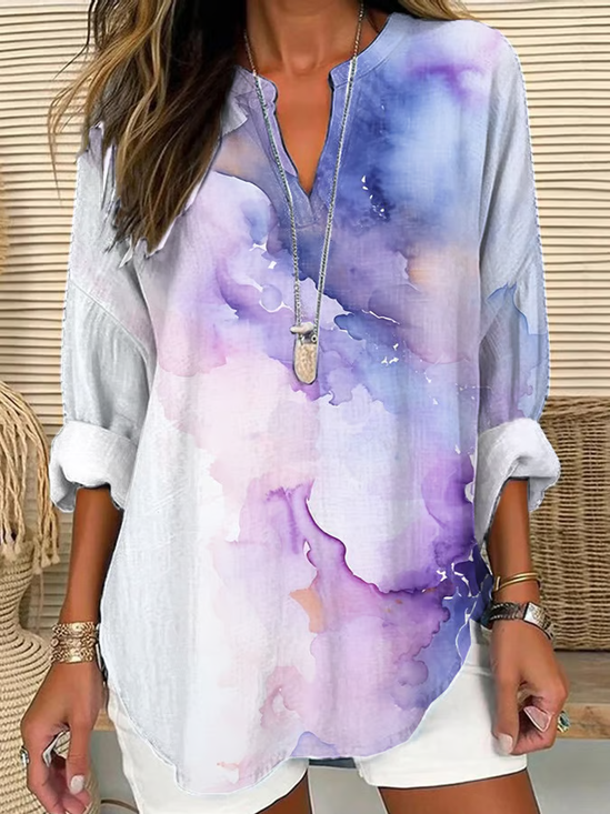 Women's Long Sleeve Blouse Spring/Fall White Abstract Printing Cotton-Blend V Neck Daily Going Out Casual Top