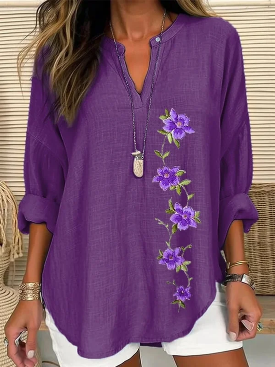 Women's Long Sleeve Blouse Spring/Fall Purple Floral Printing Cotton-Blend V Neck Daily Going Out Casual Top