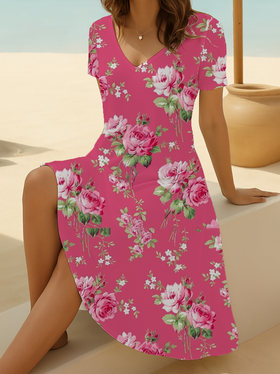 Women's Short Sleeve Summer Pink Floral Printing V Neck Daily Going Out Casual Midi A-Line Fit & Flare Dress Dress