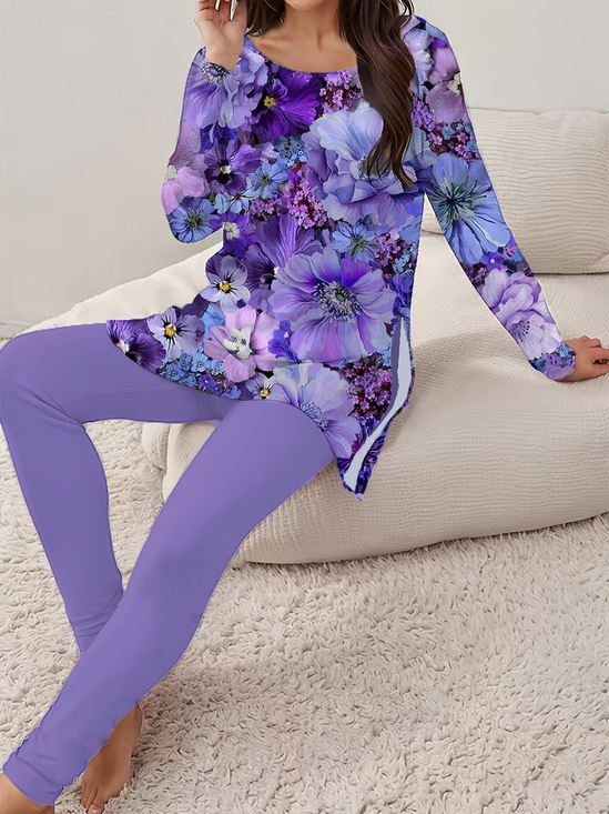 Women's Floral Print Long Sleeve T-Shirt Leggings Two-Piece Set