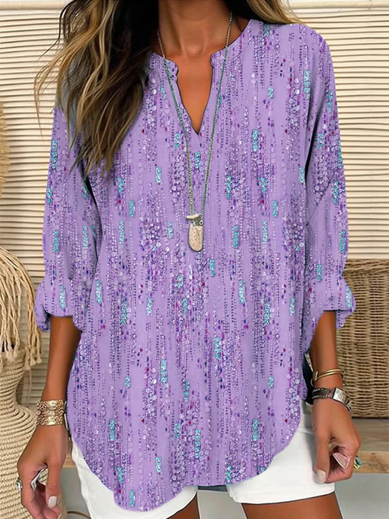 Women's Long Sleeve Blouse Spring/Fall Purple Abstract Printing Cotton-Blend V Neck Daily Going Out Casual Top