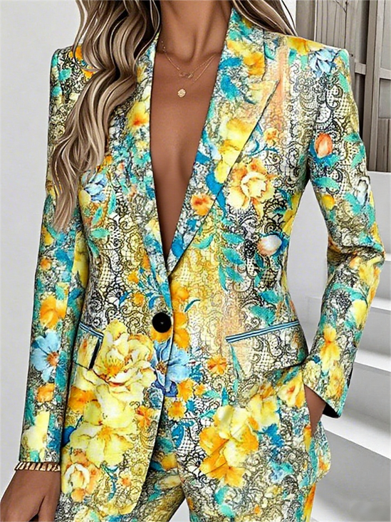 Lady Romance Floral Regular Fit Lapel Collar Blazer