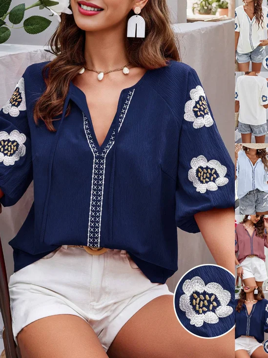 Women's Half Sleeve Shirt Summer Light Blue Plain Split Joint V Neck Daily Going Out Casual Top