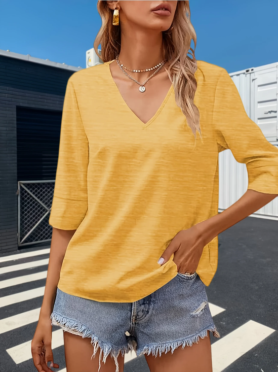 Women's Elegant Vacation Hemmed V-Neck Three-quarter Sleeve T-Shirt