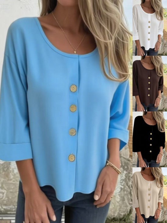 Women's Three Quarter Sleeve Shirt Spring/Fall Light Blue Plain Split Joint Cotton Crew Neck Daily Going Out Casual Top