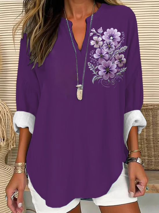 Women's Long Sleeve Blouse Spring/Fall Purple Floral Printing Cotton-Blend V Neck Daily Going Out Casual Top