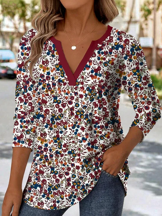 Print Casual V Neck Long Sleeve T-Shirt