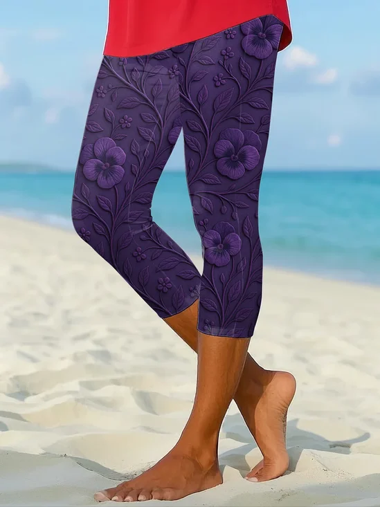 Women's  Elastic Waist H-Line Legging Daily Going Out Pants Purple Casual Printing Floral Summer Pants