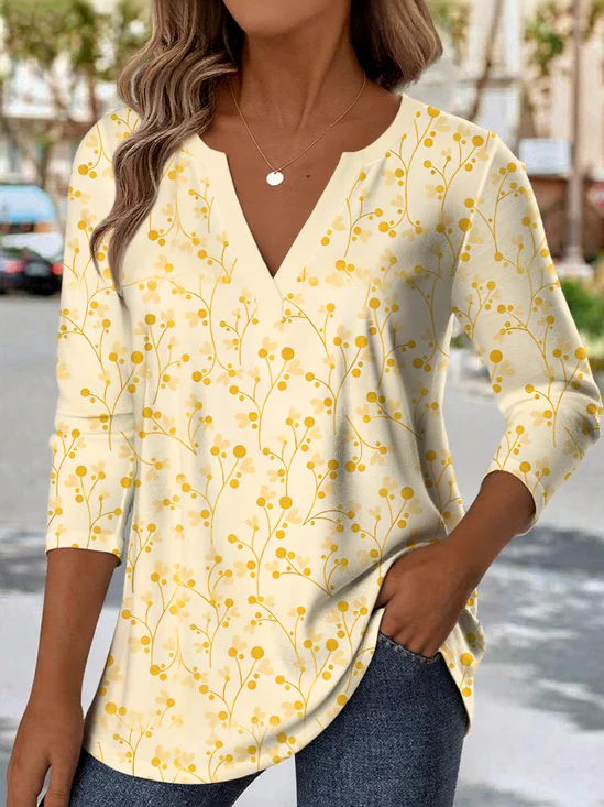 Print Casual V Neck Long Sleeve T-Shirt