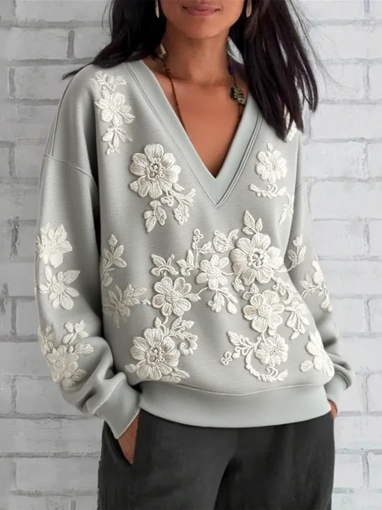 Women's Retro Temperament Long Sleeve V-Neck Lace Printed Sweatshirt