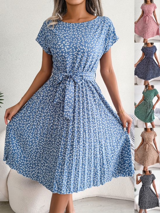 Women's Short Sleeve Summer Light Blue Floral Split Joint Crew Neck Daily Going Out Vintage Midi A-Line Pleated Dress