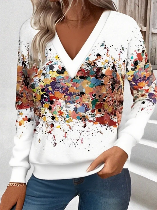 Women's Stylish Long-Sleeved V-Neck Gradient Print Sweatshirt