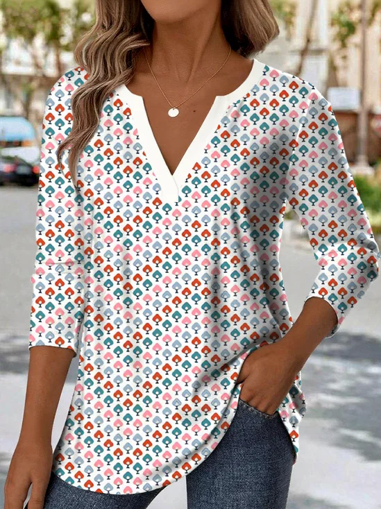 Print Casual V Neck Long Sleeve T-Shirt