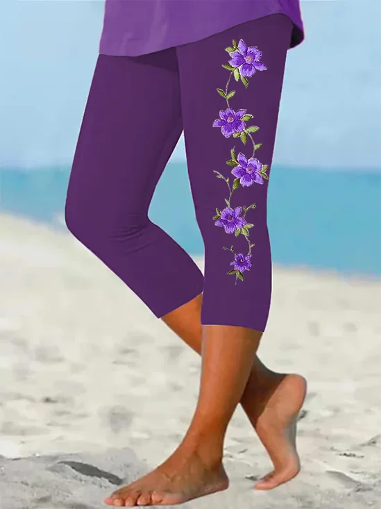Women's  Elastic Waist H-Line Legging Daily Going Out Pants Purple Casual Printing Floral Summer Pants