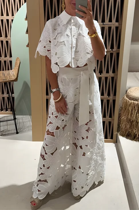 Women's Fashion Temperament Versatile Hollow Lace Solid Color Sexy Cardigan Top Wide-Leg Pants Two-Piece Set