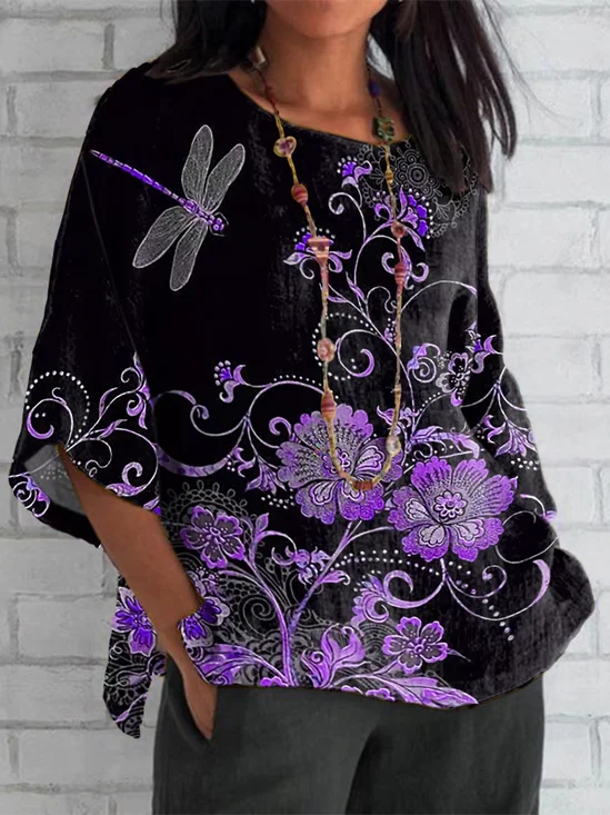 Women's Half Sleeve T-shirt Summer Black Floral Crew Neck Daily Going Out Casual Top