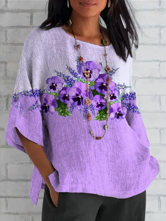 Women's Half Sleeve T-shirt Summer Purple Floral Crew Neck Daily Going Out Casual Top