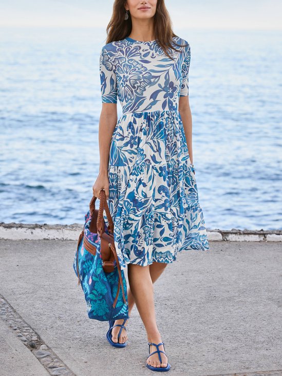 Floral Crew Neck Casual Dress With No
