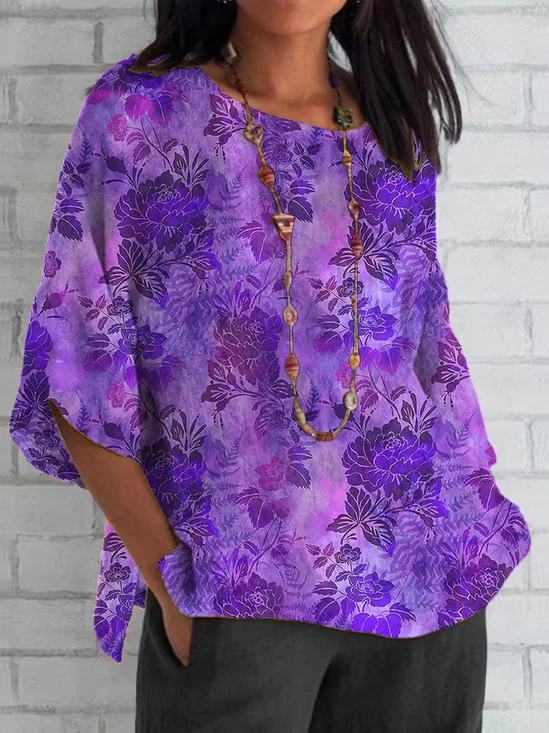 Women's Half Sleeve T-shirt Summer Purple Floral Crew Neck Daily Going Out Casual Top