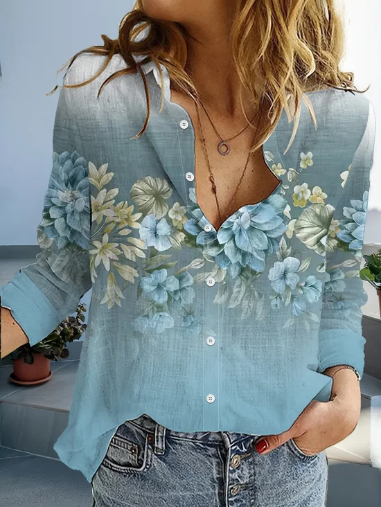 Women's Long Sleeve Shirt Spring/Fall Blue Floral Buckle Shirt Collar Daily Going Out Casual Top