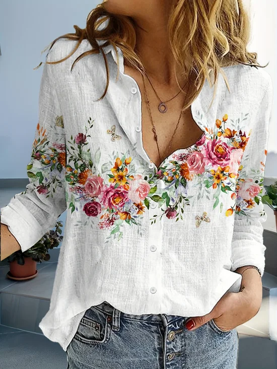 Women's Long Sleeve Shirt Spring/Fall White Floral Buckle Shirt Collar Daily Going Out Casual Top