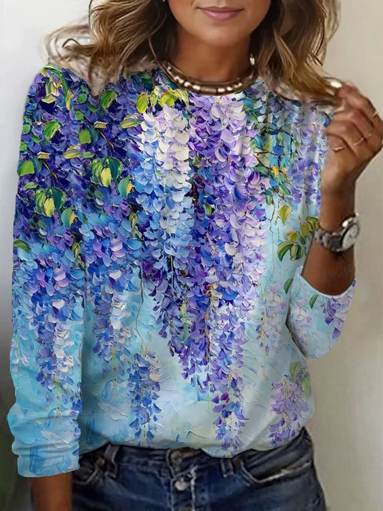 Women's Floral Print Casual Long Sleeve Crew Neck T-Shirt