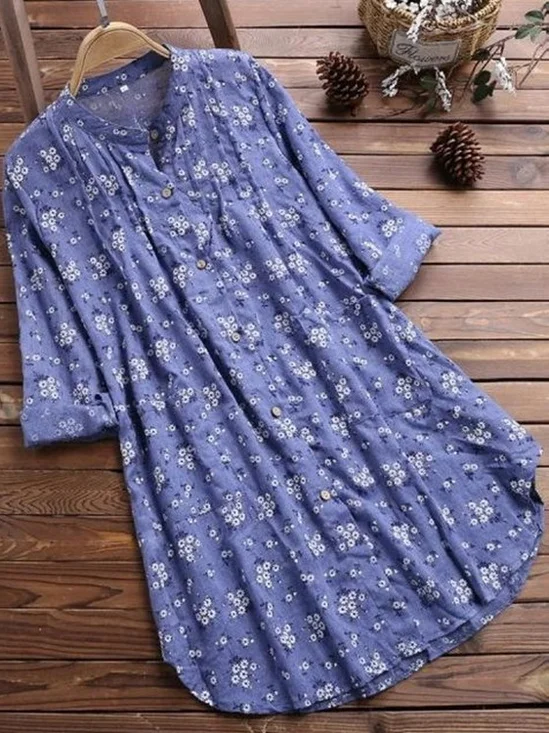Women's Long Sleeve Shirt Spring/Fall White Floral Printing Stand Collar Daily Going Out Casual Top