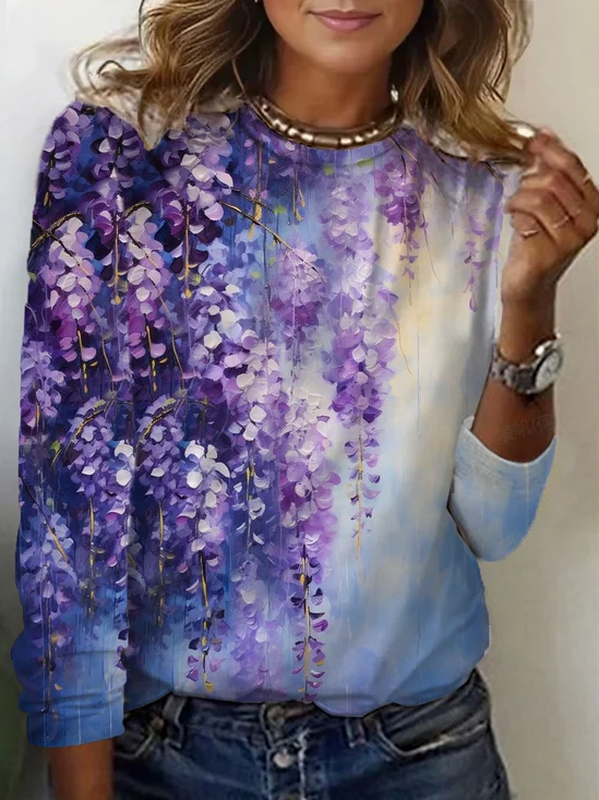 Women's Floral Print Casual Long Sleeve Crew Neck T-Shirt