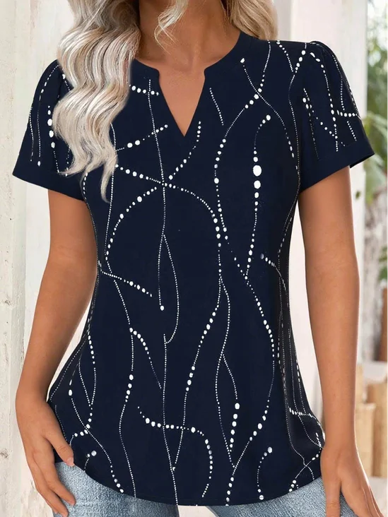 Print Casual V Neck Short Sleeve T-Shirt