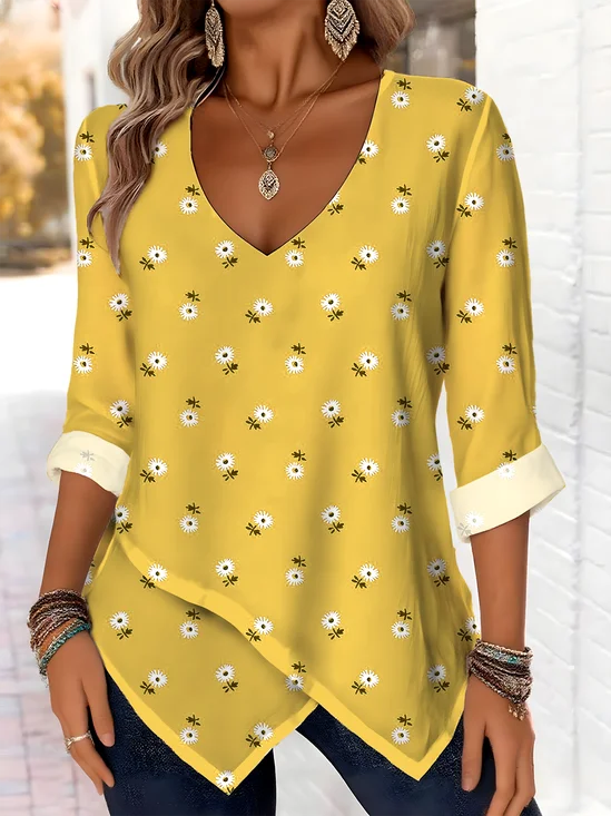 Elegant commuting V-neck pointed hem printed chrysanthemum long-sleeved top