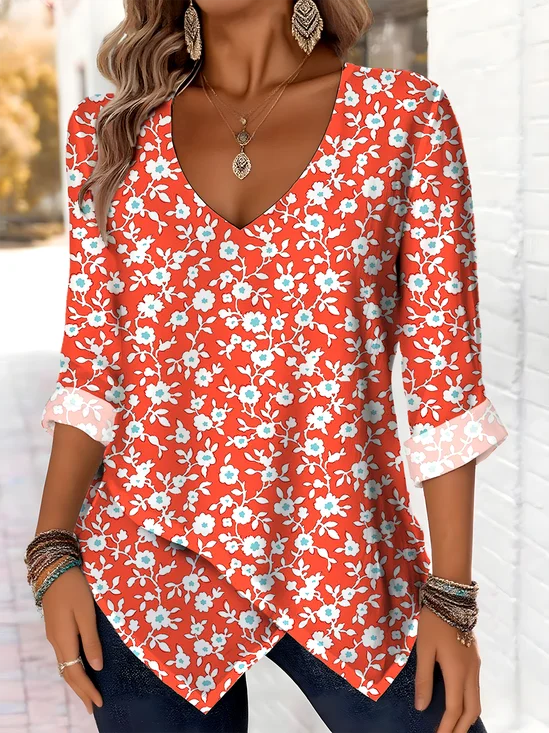 Printed Commuter V-Neck Long Sleeve Chrysanthemum Floral T-Shirt