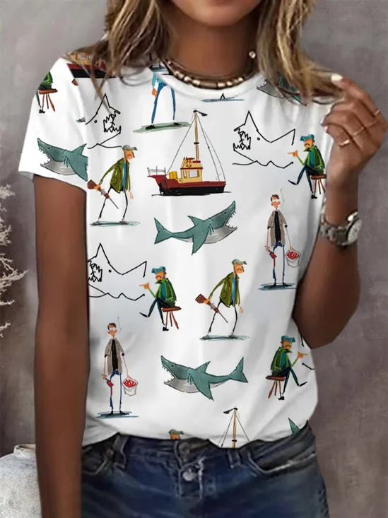 Women's Shark Art Printed Short Sleeve T-Shirt