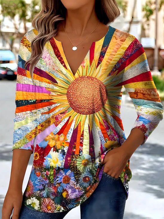 Retro Ethnic Pattern V-Neck Pointed Hem Sun Print Long Sleeve T-Shirt