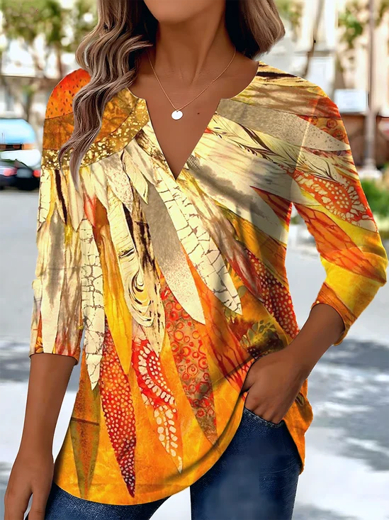 Retro Ethnic Pattern V-Neck Pointed Hem Print Long Sleeve T-Shirt