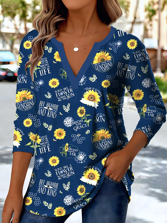 Ethnic Pattern V-Neck Pointed Hem Sunflower Print Long-Sleeved T-Shirt
